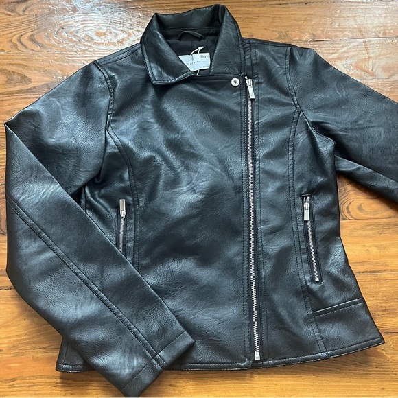 Reserved NEW Biker Jacket Big Girl Faux Leather Zip Up 13Y 164cm Black - Picture 1 of 13